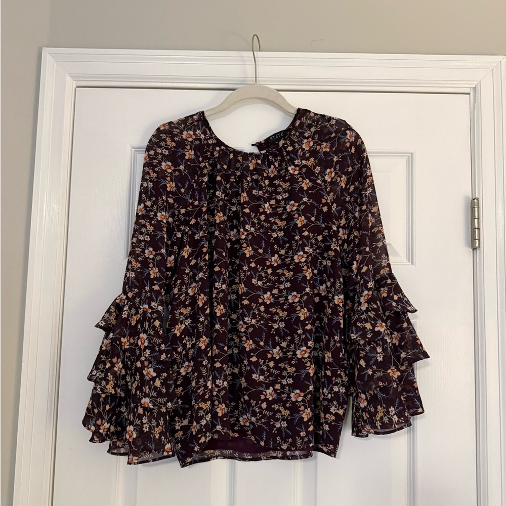 1. State Dark Floral Ruffle Blouse